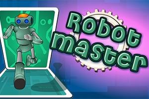 Robot corriendo hacia adelante con fondo tecnológico y texto Robot master