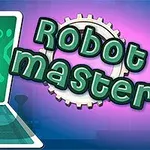Robot corriendo hacia adelante con fondo tecnológico y texto Robot master