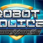 Texto metálico en alto relieve Robot Police: Iron Panther sobre un fondo azul y negro con un escudo dorado