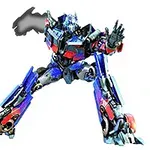 Robot transformable azul y rojo en posición de ataque sobre un fondo blanco