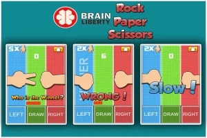 Interface de juego de manos con indicadores de puntuación y mensajes en inglés como WRONG y SLOW en un diseño gráfico colorido