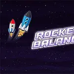 Dos cohetes en el espacio con planetas y texto Rocket Balance en el centro