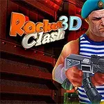 Un personaje musculoso con boina azul y camiseta de rayas sosteniendo un rifle en un entorno industrial, acompañado del texto Rocket 3D Clash