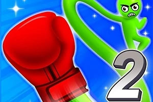 Un guante de box rojo y una figura verde con expresión enfadada en un fondo azul con el número dos