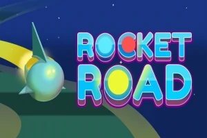 Un cohete esférico amarillo con una cola brillante volando en un camino curvo, con el texto Rocket Road en colores brillantes y fondo estrellado