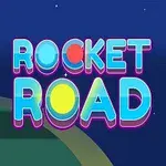 Un cohete esférico amarillo con una cola brillante volando en un camino curvo, con el texto Rocket Road en colores brillantes y fondo estrellado