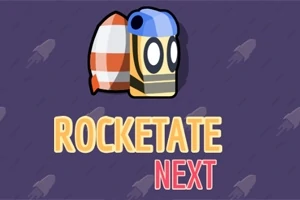 Un personaje con ojos grandes y un casco azul junto a un cohete a cuadros sobre un fondo morado con la palabra ROCKETATE NEXT