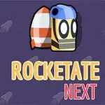 Un personaje con ojos grandes y un casco azul junto a un cohete a cuadros sobre un fondo morado con la palabra ROCKETATE NEXT