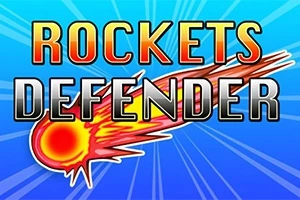 Texto Rockets Defender sobre un fondo azul con un cometa de fuego