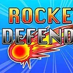 Texto Rockets Defender sobre un fondo azul con un cometa de fuego