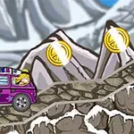 Una furgoneta morada decorada con flores viaja por un camino rocoso en un paisaje montañoso, con monedas doradas flotando en el aire