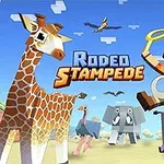 Personaje con sombrero montando un búfalo junto a varios animales como jirafa, avestruz y elefante en un estilo de bloques