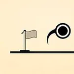 Un símbolo circular negro con una cola se mueve hacia una bandera sobre una plataforma horizontal con un fondo beige
