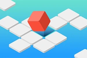 Cubo rojo sobre un fondo azul con plataformas blancas conectadas