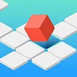 Cubo rojo sobre un fondo azul con plataformas blancas conectadas