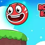 Una esfera roja animada con rostro sonriente está en el aire sobre una plataforma de césped, frente a un pequeño monstruo verde con un ojo en un paisaje de cielo despejado