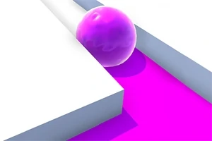 Una esfera morada se desliza hacia adelante, dejando un rastro de color rosa sobre un fondo blanco