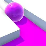 Una esfera morada se desliza hacia adelante, dejando un rastro de color rosa sobre un fondo blanco