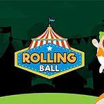 Payaso alegre con cabello verde montando un monociclo sobre una pelota frente a una carpa de circo con el texto ROLLING BALL