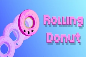 Dona rosa en movimiento con rostro sonriente y texto pixelado en fondo azul