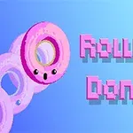 Dona rosa en movimiento con rostro sonriente y texto pixelado en fondo azul