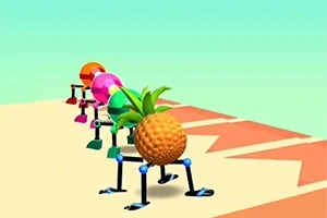 Frutas con patas mecánicas alineadas sobre una superficie beige con fondo azul cielo