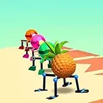 Frutas con patas mecánicas alineadas sobre una superficie beige con fondo azul cielo