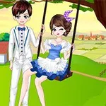 Una pareja de dibujos animados vestida elegantemente está en un columpio bajo un árbol en un entorno campestre