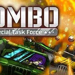 Ilustración de un vehículo militar verde conduciendo a través de una escena explosiva con soldados y fondos en llamas