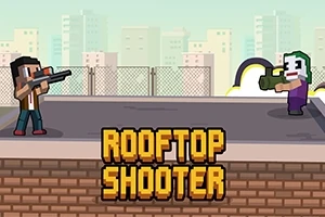 Dos personajes pixelados en una azotea enfrentándose con armas, con edificios de fondo y texto ROOFTOP SHOOTER en la parte inferior