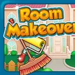 Personaje de dibujo animado sonriente junto a una casa con herramientas de remodelación y el texto Room Makeover