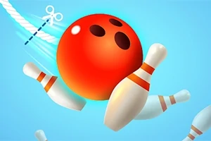Bola de boliche roja golpeando pinos con un fondo azul