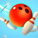 Bola de boliche roja golpeando pinos con un fondo azul