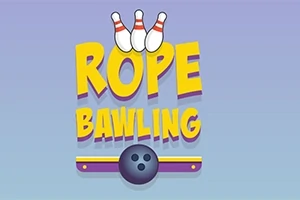 Texto colorido Rope Bawling con tres bolos y una bola de boliche sobre un fondo azul claro