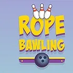 Texto colorido Rope Bawling con tres bolos y una bola de boliche sobre un fondo azul claro