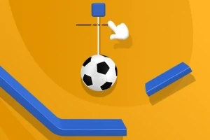 Balón de fútbol colgando de una cuerda con plataformas azules en un fondo naranja