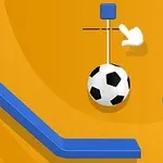 Balón de fútbol colgando de una cuerda con plataformas azules en un fondo naranja