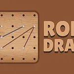 Fondo marrón con un tablero de madera perforado y texto ROPE DRAW al lado