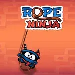 Un ninja caricaturesco colgado de una cuerda en un fondo naranja con un título estilizado arriba