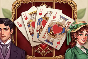 Cartas de corazones con personajes en traje de época, hombre a la izquierda y mujer con sombrero a la derecha