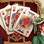 Cartas de corazones con personajes en traje de época, hombre a la izquierda y mujer con sombrero a la derecha