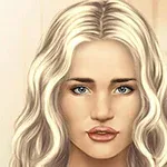Retrato digital de mujer con cabello largo y rubio, ojos azules y labios prominentes