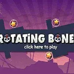 Pantalla de inicio con fondo púrpura, texto central Rotating Bones acompañado de calaveras, y estrellas en los márgenes