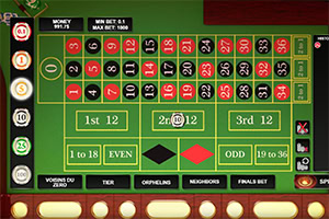 Mesa de ruleta con números y colores rojo y negro, incluyendo áreas para apuestas específicas como par/impar y altos/bajos