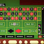 Mesa de ruleta con números y colores rojo y negro, incluyendo áreas para apuestas específicas como par/impar y altos/bajos