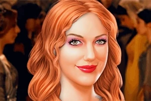 Retrato de una mujer sonriente con cabello pelirrojo y maquillaje en un ambiente borroso de fondo