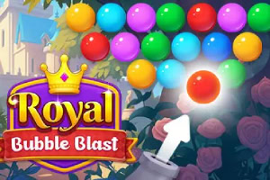 Burbujas de colores en un entorno de jardín con un cañón apuntando y el texto Royal Bubble Blast con una corona