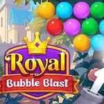 Burbujas de colores en un entorno de jardín con un cañón apuntando y el texto Royal Bubble Blast con una corona