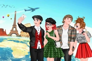 Cuatro personajes animados posan para una foto frente a íconos turísticos como la Torre Eiffel y el Coliseo, con un avión y globos aerostáticos en el cielo