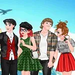 Cuatro personajes animados posan para una foto frente a íconos turísticos como la Torre Eiffel y el Coliseo, con un avión y globos aerostáticos en el cielo